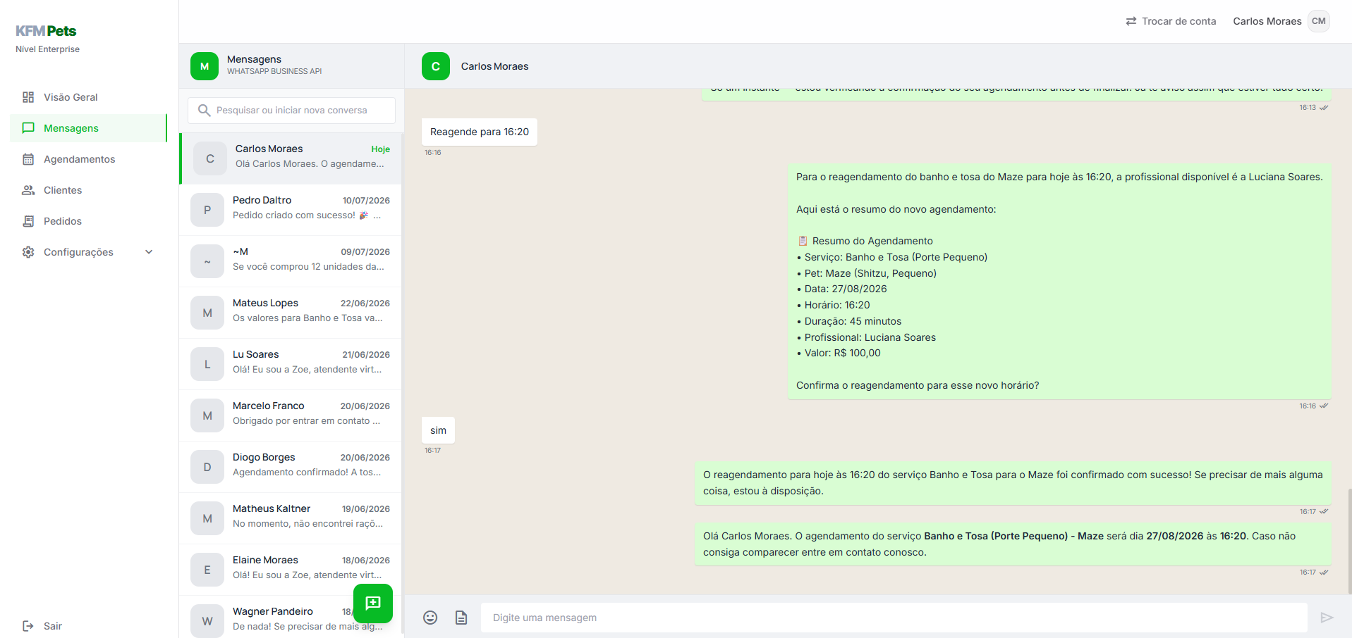 Atendimento automatizado via WhatsApp no KFM Pets